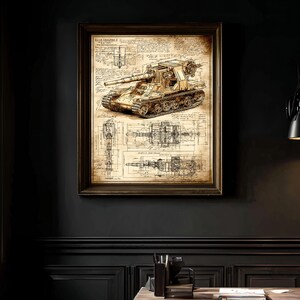 May include: Framed print of a military tank blueprint. The artwork features detailed technical drawings and a top-down view of the tank, rendered in sepia tones. The print is encased in a dark wooden frame, suitable for a home or office.