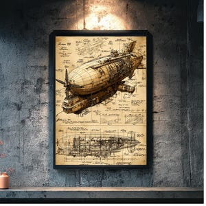 May include: Framed vintage-style blueprint art print of a zeppelin airship. The print features detailed technical drawings in sepia tones, with the text "Zoren 22" visible at the top. The artwork is displayed on a textured gray wall.