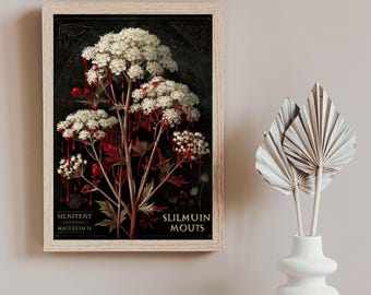 May include: A framed botanical print featuring a detailed illustration of a plant with white flower clusters and red accents against a dark background. The print includes text and is displayed in a light wood frame.