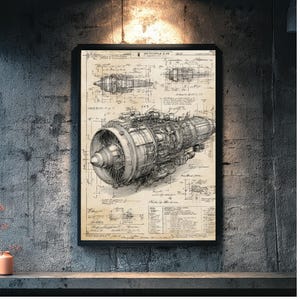 Puede incluir: Impresión en blanco y negro enmarcada de un plano de motor a reacción. El dibujo técnico detallado muestra los componentes y especificaciones del motor. La impresión se muestra en una pared gris texturizada.