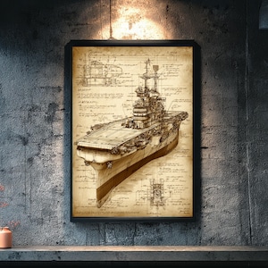 May include: A framed vintage blueprint of a warship, possibly an aircraft carrier. The detailed illustration features technical drawings and schematics in sepia tones, with a black frame. The artwork is displayed against a textured grey wall.