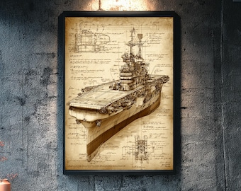 【米軍放出品】 USAヴィンテージ 海洋版画 金彩額装アート　座間基地 1944年 航空母艦 断面図 ポスタープリント 第二次世界大戦 海軍 軍事