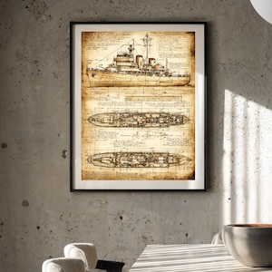 May include: Framed vintage-style blueprint of a warship, showcasing detailed top and side views. The sepia-toned print features intricate line drawings and technical annotations, mounted in a black frame. A classic nautical theme for home decor.