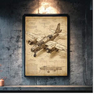 Puede incluir: Plano enmarcado de un avión militar vintage, con esquemas detallados y dibujos técnicos. La obra de arte muestra el diseño del avión con líneas y texto intrincados, sobre un fondo sepia. El marco es negro.