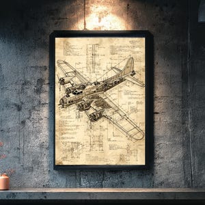Puede incluir: Plano vintage enmarcado de un bombardero B-17 Flying Fortress. El dibujo técnico detallado está renderizado en tonos sepia, mostrando el diseño de la aeronave con líneas y anotaciones intrincadas. La obra de arte se muestra en un marco negro.