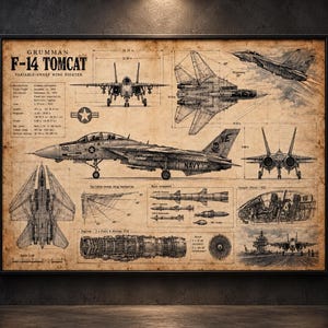 May include: A vintage-style technical print of the Grumman F-14 Tomcat fighter jet on aged paper. It features multiple schematic views, including side, top, and front profiles, engine details, cockpit layout, and armament specifications with text.