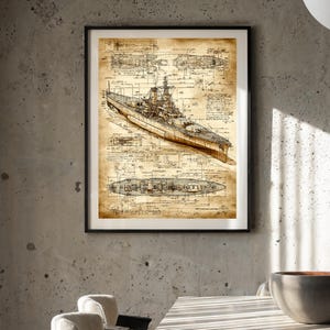 May include: Framed vintage-style print featuring a detailed blueprint of a warship. The artwork showcases the ship from a side view and a top-down perspective, rendered in sepia tones with intricate technical drawings.