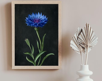 Könnte beinhalten: Gerahmter Blumendruck mit einer leuchtend blauen Kornblume mit violettem Zentrum vor dunklem Hintergrund. Das Kunstwerk umfasst grüne Blätter und einen Stiel, eingefasst in einen hellen Holzrahmen. Der Druck wird neben einer weißen Vase mit getrockneten dekorativen Blättern ausgestellt.