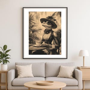 Victorian Frog Lady – Printable Wall Art – Whimsical Animal Portrait – Vintage Sepia Drawing – Instant Download