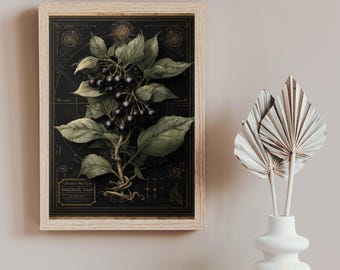 May include: Botanical art print featuring a detailed illustration of a plant with dark berries and green leaves. The artwork is framed in a light wood frame and set against a dark background with gold accents. The print includes text at the bottom.
