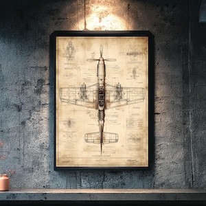 May include: A framed vintage blueprint of an airplane, featuring detailed schematics and technical drawings. The artwork is displayed in a black frame, showcasing the aircraft's design with a propeller and wings. The background has a sepia tone, giving it an aged appearance.