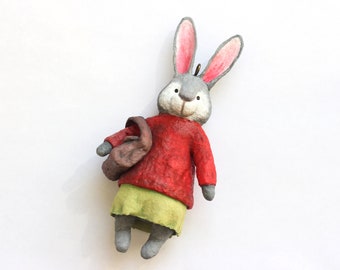 Handmade Spun Cotton Toy Mommy Bunny with bag, Vintage Style Decoration