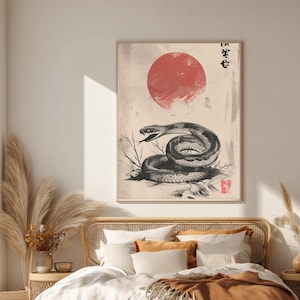 Stampa di serpente giapponese, arte del serpente del sole nascente, decorazione in stile pittorico retrò