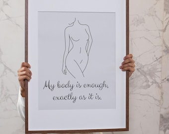 Lámina artística con diseño positivo del cuerpo y póster con cita sobre el amor propio femenino.