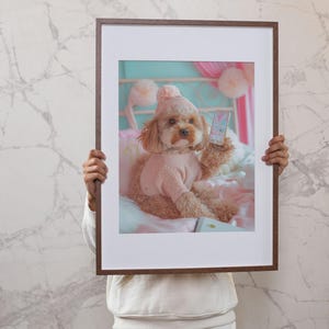 Tech-Savvy Cavapoo Wall Art | Cute Cavapoo Dog Holding a Mobile Phone | Whimsical Animal Print | Animal Lover Gift | Fun Dog Lover Poster