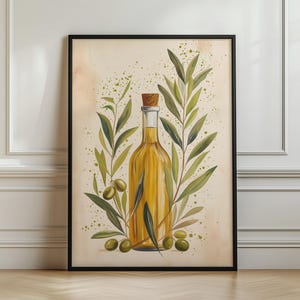 May include: A framed wall art print featuring a clear glass bottle filled with golden olive oil, topped with a cork stopper. The bottle is surrounded by green olive branches with leaves and small round olives, set against a light beige background.
