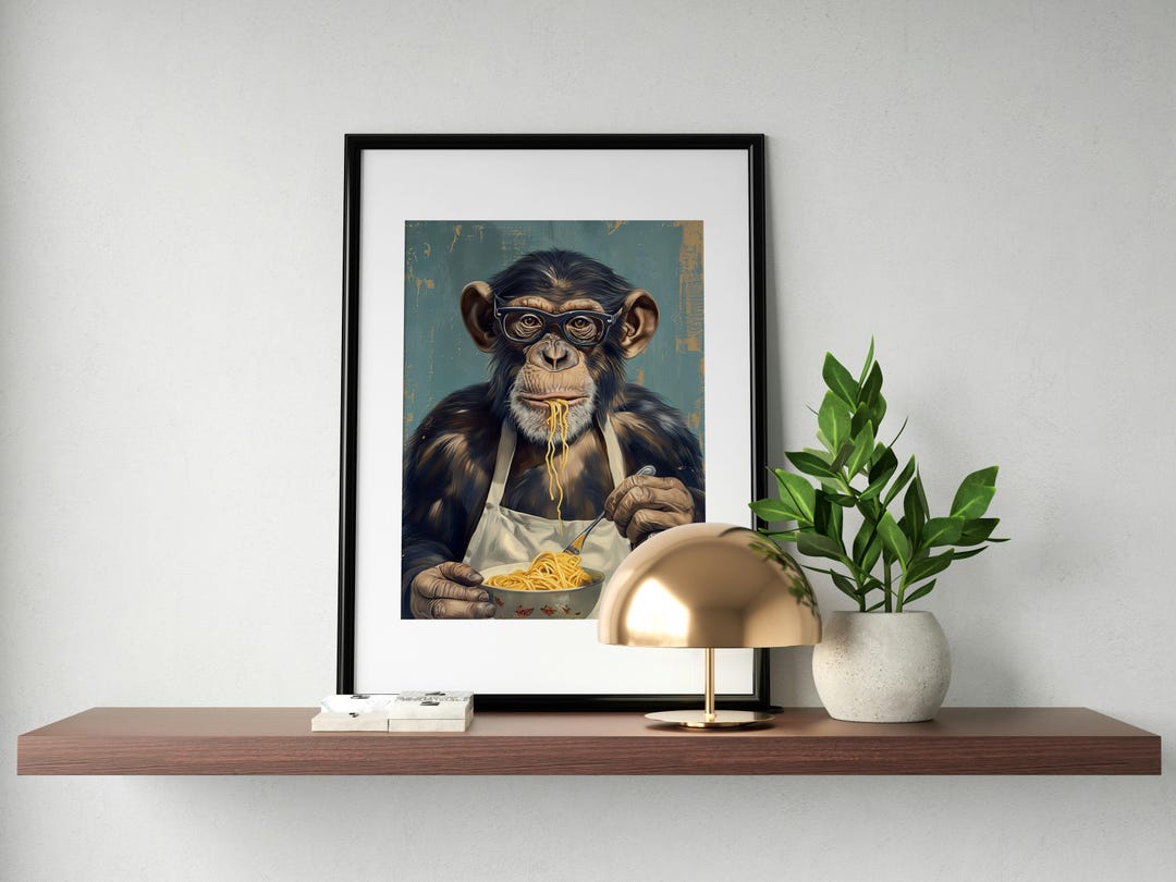 Funny Monkey Wearing Glasses Eating Spaghetti Poster, Quirky Animal ...