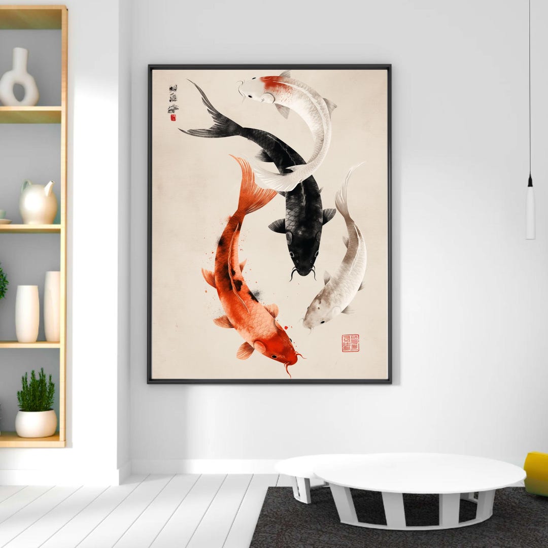 Japanese Koi Fish Art Print – Minimalist Zen Ink Wall Art, Wabi Sabi ...