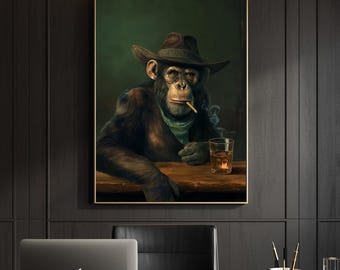 Lámina con escena de un bar de vaqueros, estilo pintura al óleo vintage, arte mural de animales original.
