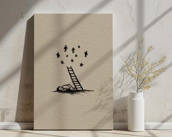 Jacob's Dream of the Ladder to Heaven, minimalistische stijl, bijbelkunst aan de muur afdrukken, bijbelverhaal, afdrukbare christendomkunst, bijbelschets