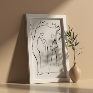 Adamo ed Eva nel Giardino dell&#39;Eden, stile line art, stampa artistica murale della Bibbia, storia della Bibbia, stampa artistica murale cristiana, schizzo della Bibbia