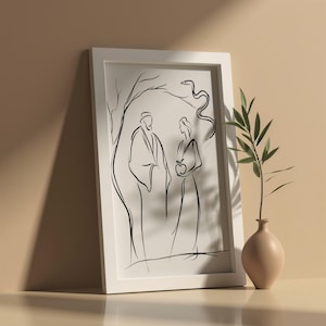Adamo ed Eva nel Giardino dell&#39;Eden, stile line art, stampa artistica murale della Bibbia, storia della Bibbia, stampa artistica murale cristiana, schizzo della Bibbia