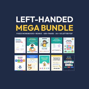 Pode incluir: Um pacote digital intitulado LEFT-HANDED MEGA BUNDLE contendo 9 cadernos de exercícios para crianças, mais de 450 páginas e PDFs em formato A4 e carta. A coleção apresenta capas coloridas com ilustrações de crianças, animais e exercícios.