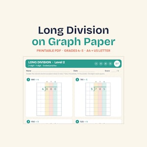 May include: A printable PDF worksheet titled Long Division on Graph Paper for grades 4-5, available in A4 and US Letter sizes. The document features Level 2 long division problems with color-coded columns for place values and guided practice.