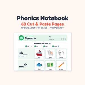 Phonics Interactive Notebook, Cut and Paste Phonics Worksheets, Kindergarten First Grade, CVC Words, Digraphs, Blends, Homeschool PDF