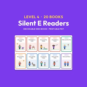 May include: A set of Level 4 Silent E Readers decodable mini books in a printable PDF format. The collection includes 20 books featuring titles like Jake and the Cape, Kate Bakes a Cake, Dave and the Snake, Jane Makes a Plane, and Mike and the Kite.