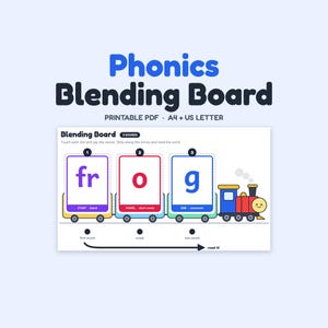 May include: A Phonics Blending Board printable PDF featuring a train graphic with three rectangular cards labeled 1, 2, and 3. The cards display the letters 'fr', 'o', and 'g' in blue, red, and blue, with instructional text for reading words.