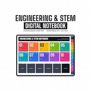 May include: A digital notebook for engineering and STEM featuring a dashboard with ten colorful subject tabs numbered 01 through 10, a reference section with six dark gray boxes, and a side navigation bar on a tablet screen with white grid background.