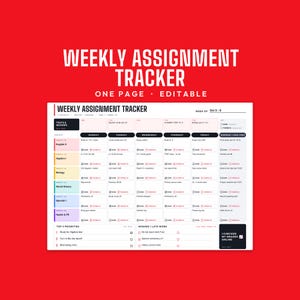 May include: A weekly assignment tracker template with a white background and red header text. The grid features color-coded rows for subjects including English 9, Algebra I, Biology, World History, Spanish I, and Health & PE, with columns for each day.