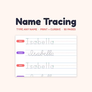 Puede incluir: Una hoja de trabajo digital para caligrafía de nombres con el texto Name Tracing, Type Any Name, Print + Cursive, 50 Pages. El diseño muestra el nombre Isabella en letra punteada de imprenta y cursiva sobre papel rayado con etiquetas rojas y moradas.