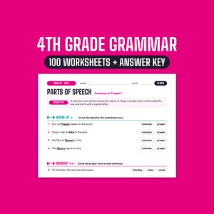 Könnte beinhalten: Ein Grammatik-Arbeitsblatt für die 4. Klasse mit 100 Arbeitsblättern und einem Lösungsschlüssel. Die Seite enthält einen Abschnitt über Wortarten mit einem Coach-Tipp, eine Aufwärmübung zur Bestimmung von Nomen und ein Training für Sätze.