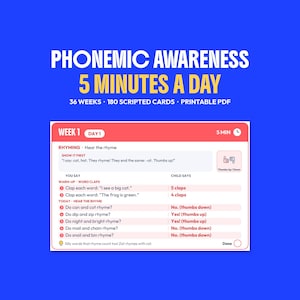 Op de afbeelding: Een digitale educatieve kaart getiteld PHONEMIC AWARENESS 5 MINUTES A DAY, 36 WEEKS, 180 SCRIPTED CARDS, PRINTABLE PDF. De kaart toont week 1, dag 1, met rijmoefeningen en kolommen voor instructies en de antwoorden van het kind.