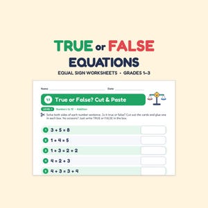 Könnte beinhalten: Ein True or False Equations Arbeitsblatt für die Klassen 1-3 mit Additionsaufgaben bis 10. Das Blatt enthält eine Ausschneide- und Einklebeübung mit einem Waagensymbol, fünf mathematische Gleichungen und leere Felder zum Ausfüllen.