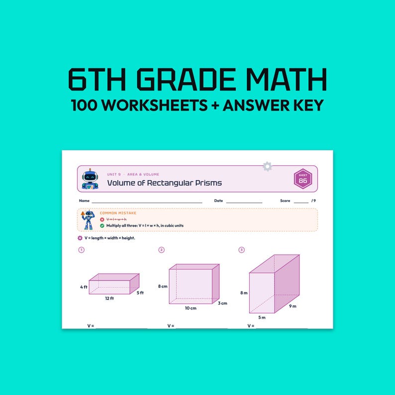 6th Grade Math Workbook, 6th Grade Math Worksheets, 100 Printable Pages ...