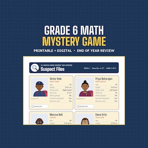 May include: A Grade 6 Math Mystery Game printable and digital end of year review document. The page features a Suspect Files section with profiles for Victor Hale, Priya Natarajan, Marcus Bell, and Elena Ortiz, including personal data.