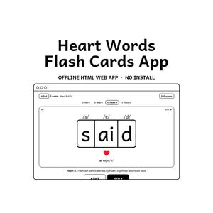 Może przedstawiać: Cyfrowy interfejs aplikacji Heart Words Flash Cards, działającej w trybie offline jako aplikacja internetowa HTML. Ekran przedstawia moduł nauki słowa said, podzielonego na fonemy /s/ /e/ /d/ z czerwoną ikoną serca i tekstem.