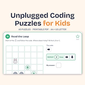 Unplugged Coding Puzzles for Kids, Coding Worksheets Grade 1-3, Screen Free STEM Activities, Loops IF Debugging Logic Games, Printable PDF