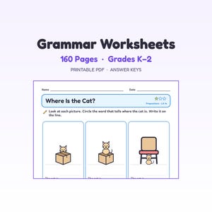 Peut inclure: Grammar Worksheets, 160 Pages, Grades K-2, Printable PDF, Answer Keys. Une fiche d'exercices intitulée Where Is the Cat? présente trois illustrations d'un chat par rapport à une boîte et une chaise, avec des instructions pour entourer la préposition.