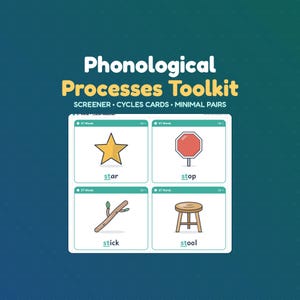 May include: A Phonological Processes Toolkit featuring a screener, cycles cards, and minimal pairs. The display shows four cards with illustrations of a star, a stop sign, a stick, and a stool, each labeled with its corresponding word.