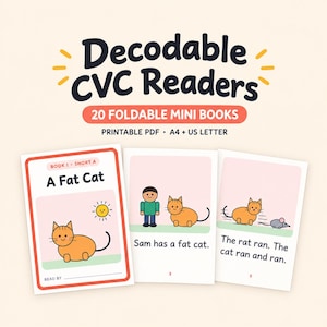 May include: A set of 20 printable foldable mini books titled Decodable CVC Readers. The cover features the text A Fat Cat with an orange cat illustration. Interior pages show simple sentences like Sam has a fat cat and The rat ran.