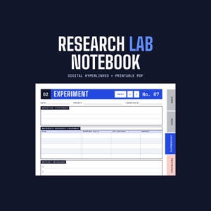 Könnte beinhalten: Eine digitale Labor-Notizbuchvorlage mit einer weißen Seite und blau-schwarzen Kopfzeilen. Der Text lautet RESEARCH LAB NOTEBOOK, DIGITAL HYPERLINKED + PRINTABLE PDF, EXPERIMENT, DATE, PROJECT, LINKED EXP, OBJECTIVE/HYPOTHESIS, MATERIALS, REAGENTS, EQUIPMENT und METHOD/PROCEDURE.