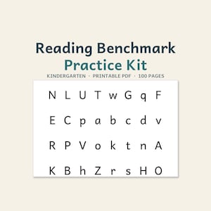 Könnte beinhalten: Ein Reading Benchmark Übungsset für den Kindergarten als 100-seitiges, druckbares PDF. Das Dokument zeigt ein weißes, rechteckiges Raster mit vier Zeilen aus gemischten schwarzen Groß- und Kleinbuchstaben: N, L, U, T, w, G, q, F, E, C, p, a, b, c, d, v, R, P, V, o, k, t, n, A, K, B, h, Z, r, s, H und O.