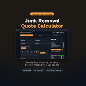 Peut inclure: Une interface d'application web HTML hors ligne pour un calculateur de devis d'enlèvement d'encombrants. Le tableau de bord sombre affiche les champs client, le volume de chargement et le prix. Texte : "OFFLINE HTML WEB APP" et "NO INSTALL".