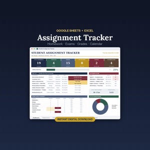 May include: A digital student assignment tracker template for Google Sheets and Excel. The interface displays a dashboard with metrics for homework, exams, grades, and a calendar. It features colorful status bars, a pie chart, and tables.