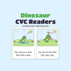 Lectores decodificables de dinosaurios, 12 minilibros CVC para niños y niñas de preescolar que aman los dinosaurios, libros de fonética en formato PDF imprimible.