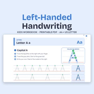 May include: A digital workbook page for left-handed handwriting practice featuring the letter A. The page includes instructions, a diagram showing stroke order with numbered arrows, and rows of dotted letter A outlines for tracing on a white background.